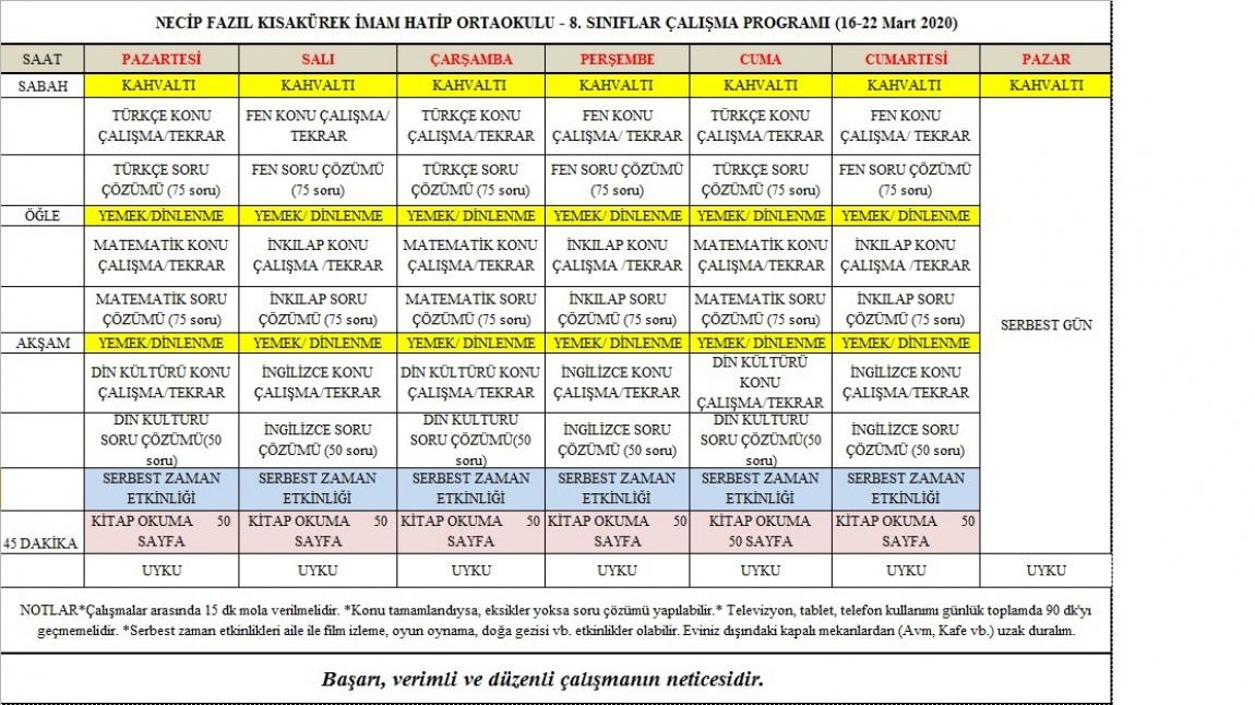 Tatil Calisma Programi 8 Siniflar